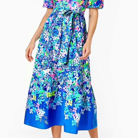Lilly Pulitzer Zalie Off-The-Shoulder Midi Dress Borealis Blue Social Sunset 14 - Picture 10 of 12